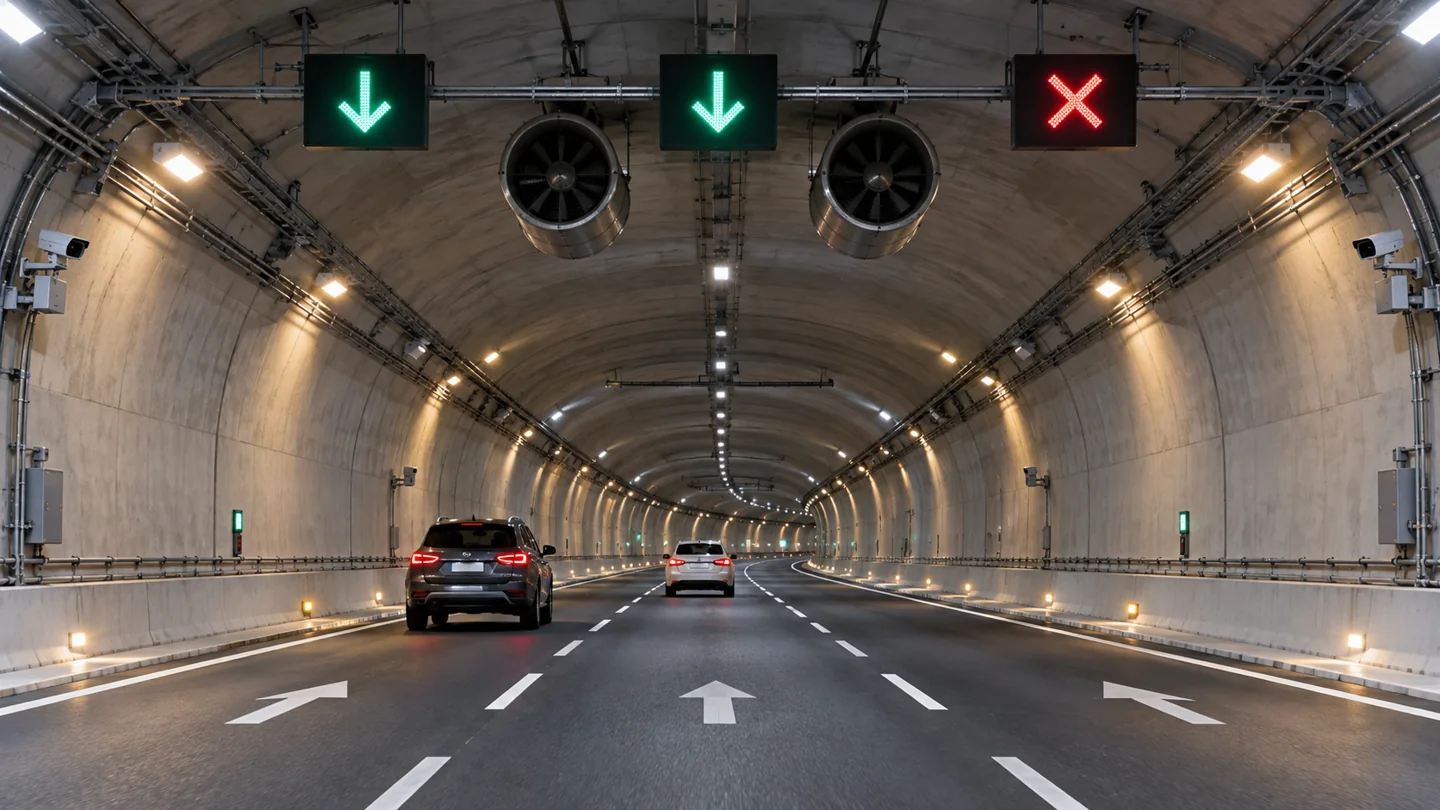 Highway tunnel with green lane arrows and a red closed-lane signal