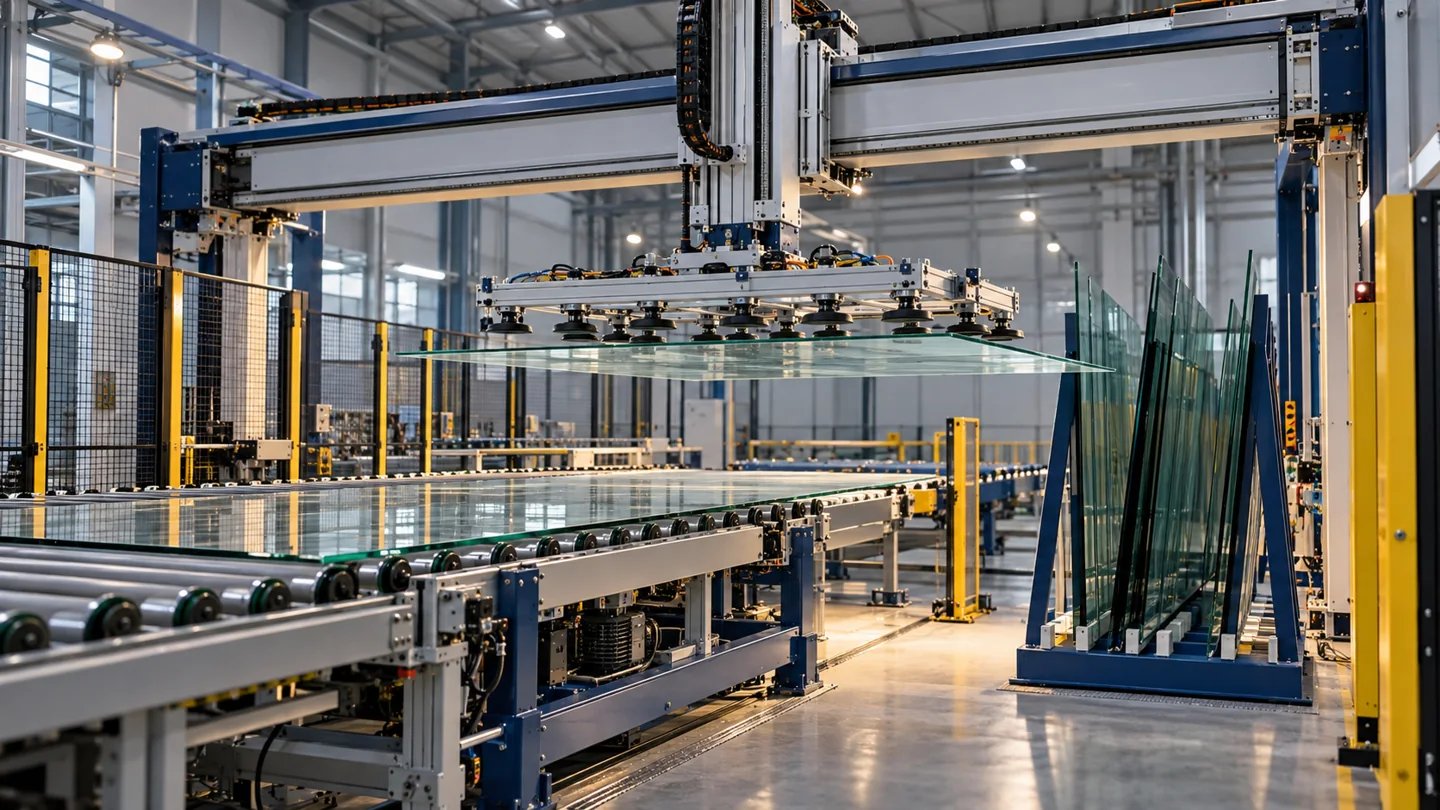 Automated gantry stacker transferring glass beside a roller conveyor