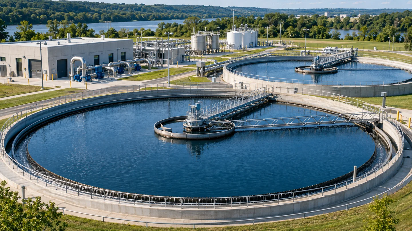 Water treatment plant with circular clarifiers and pump buildings