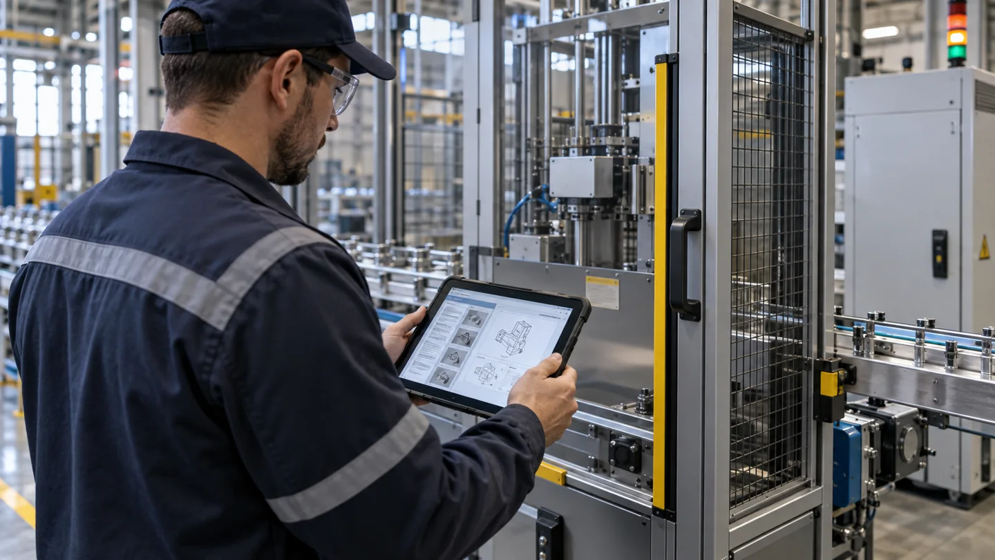 Technician using a tablet to review maintenance information beside a guarded machine
